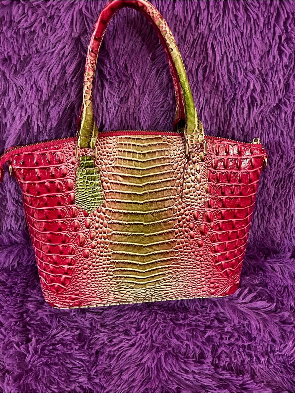 Red and Olive Croc-Embossed Satchel Bag - Picture 4 of 5